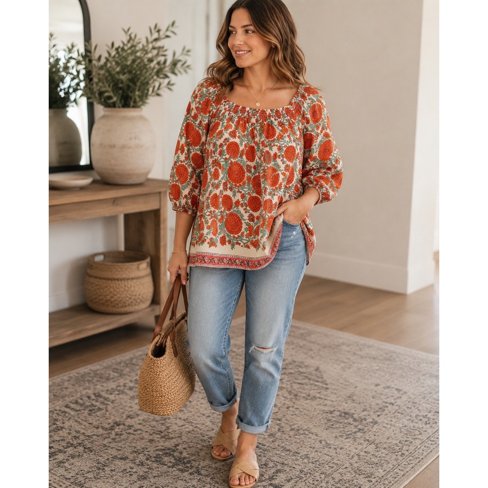Ivy Jane Womens Floral Block Print Peasant Top Orange Green Cotton S/M Smocked